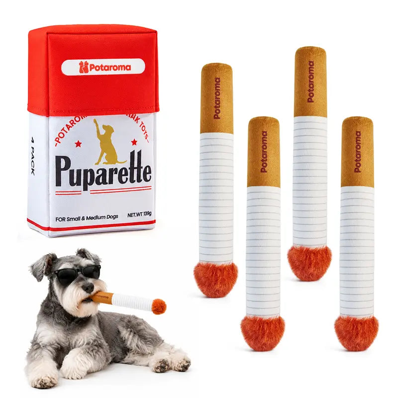Potaroma 4-Count (4-Pieces) Striped Fabric Dog Chew Toys - Soft Plush Puffs with Internal Squeaker, Dual-Use Storage Box for Treat Hiding, Reduces Anxiety, Safe Gentle Gift for Small/Medium Non-Aggressive Dogs