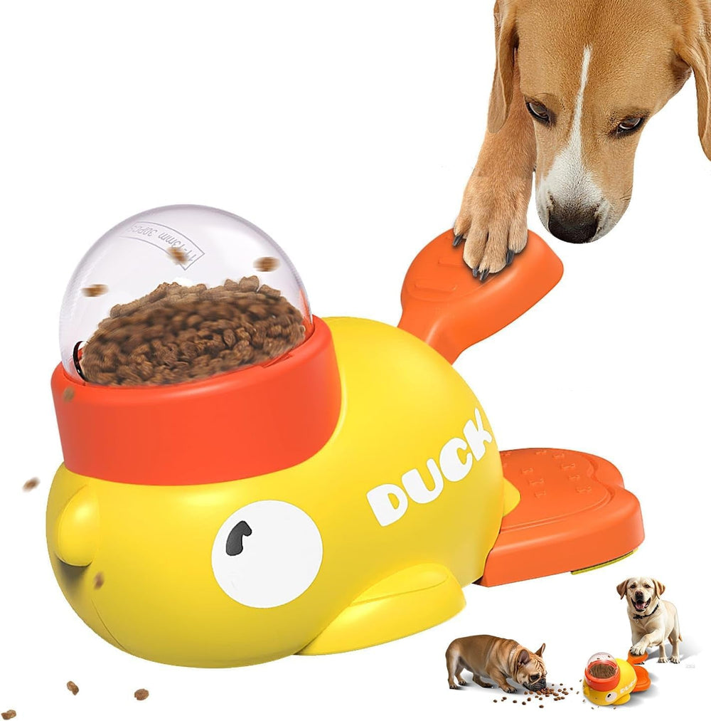 Dog playing with the duck treat dispenser